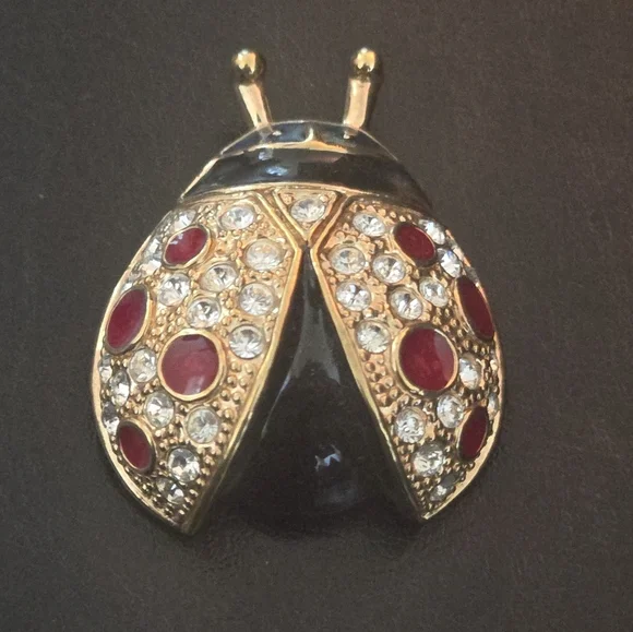 Roman Vintage Ladybug Brooch Bug Gold Rhinestones & Enamel EUC - Picture 2 of 6